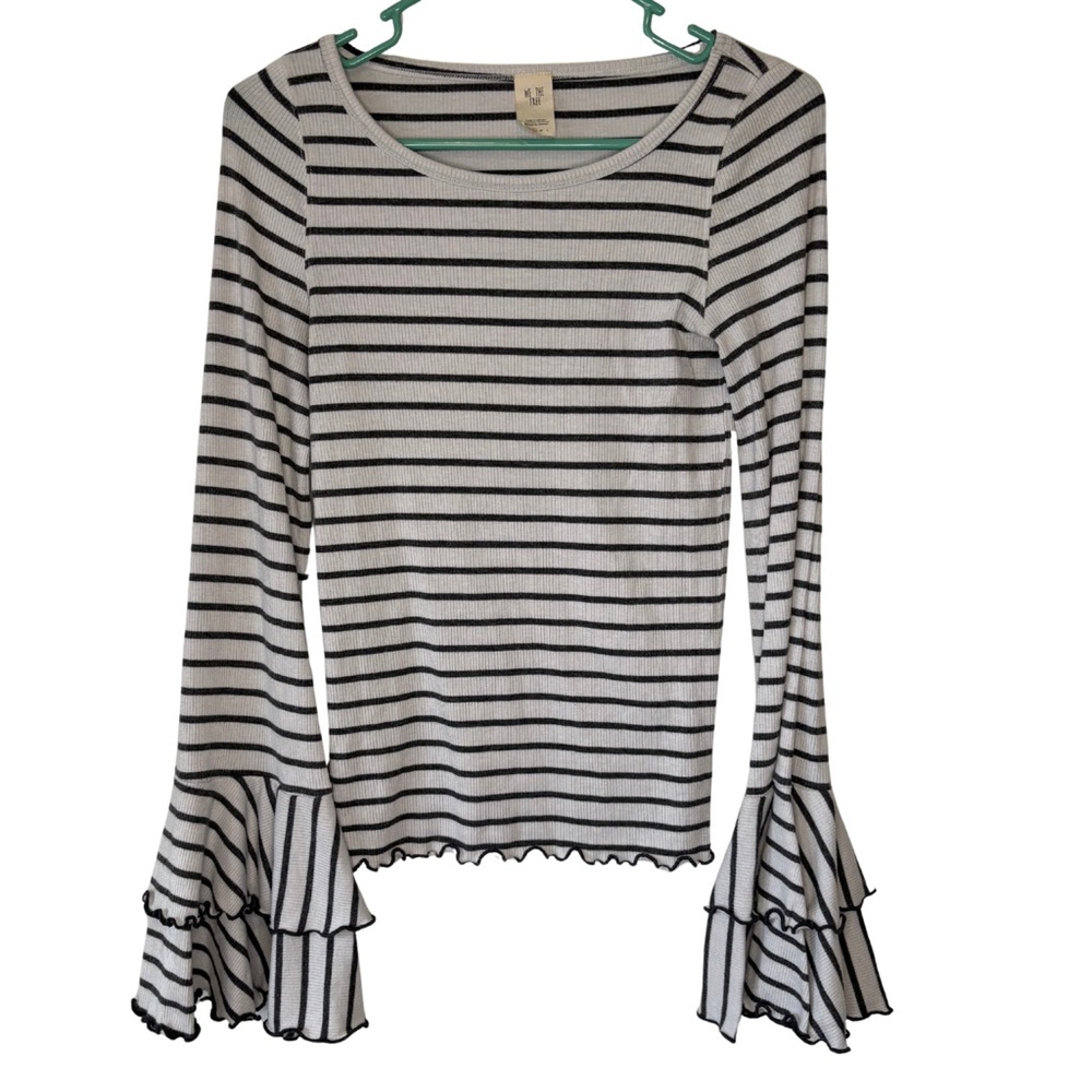 We The Free Black and Off-White Striped Ruffle Sleeve Top